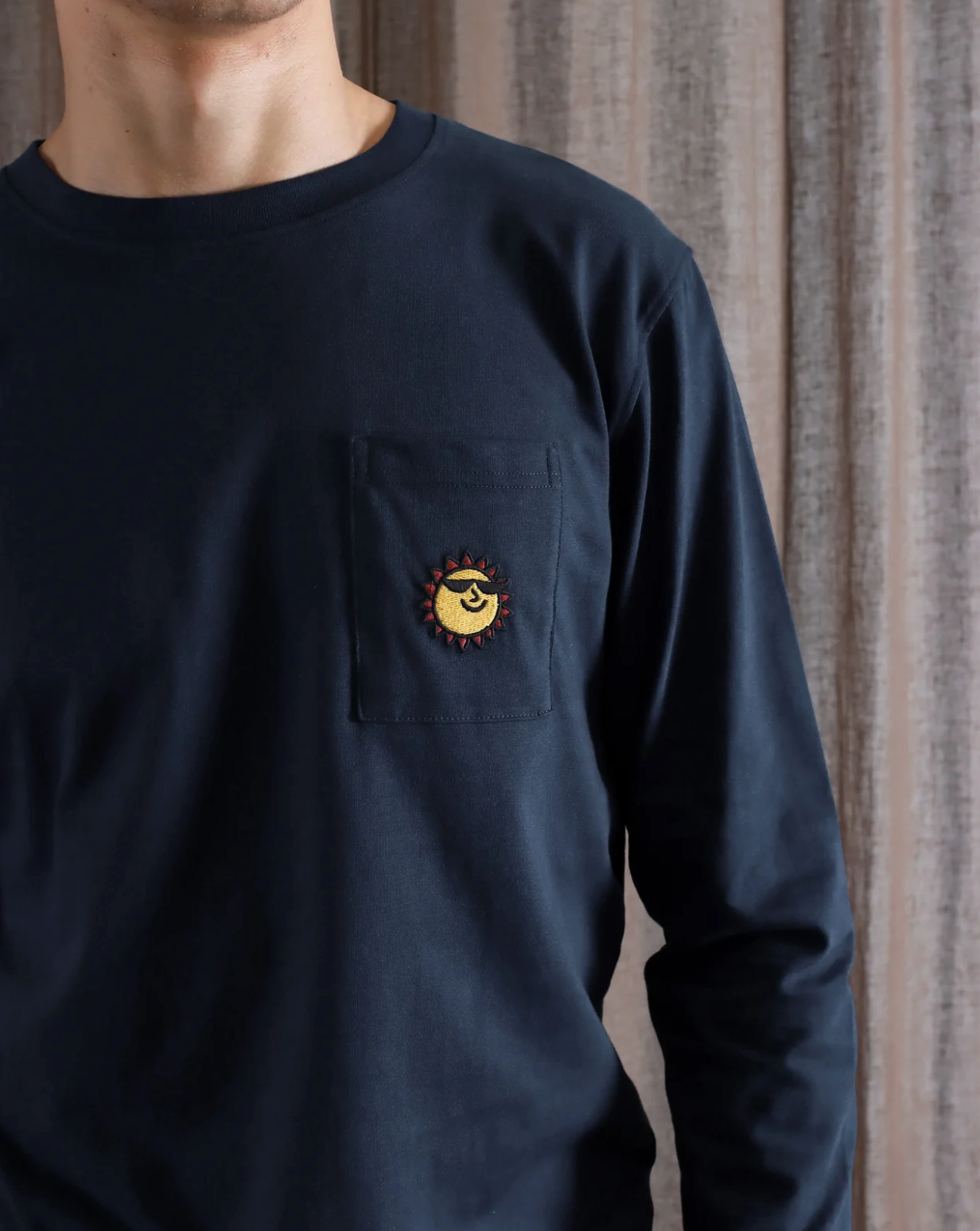 FAR AFIELD -Embroidered Long Sleeve T-Shirt - Navy Sunny Motif