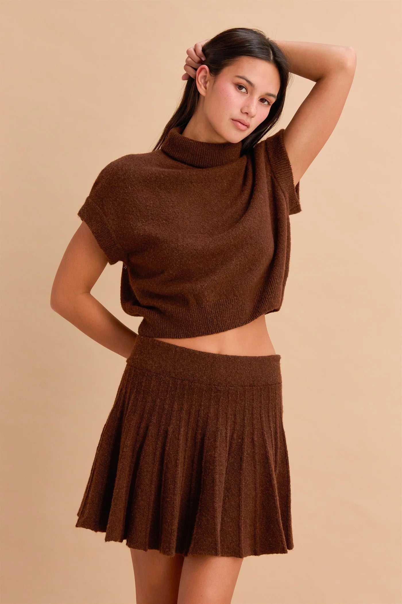 Brown Mock Neck Top Pleated Skirt Set