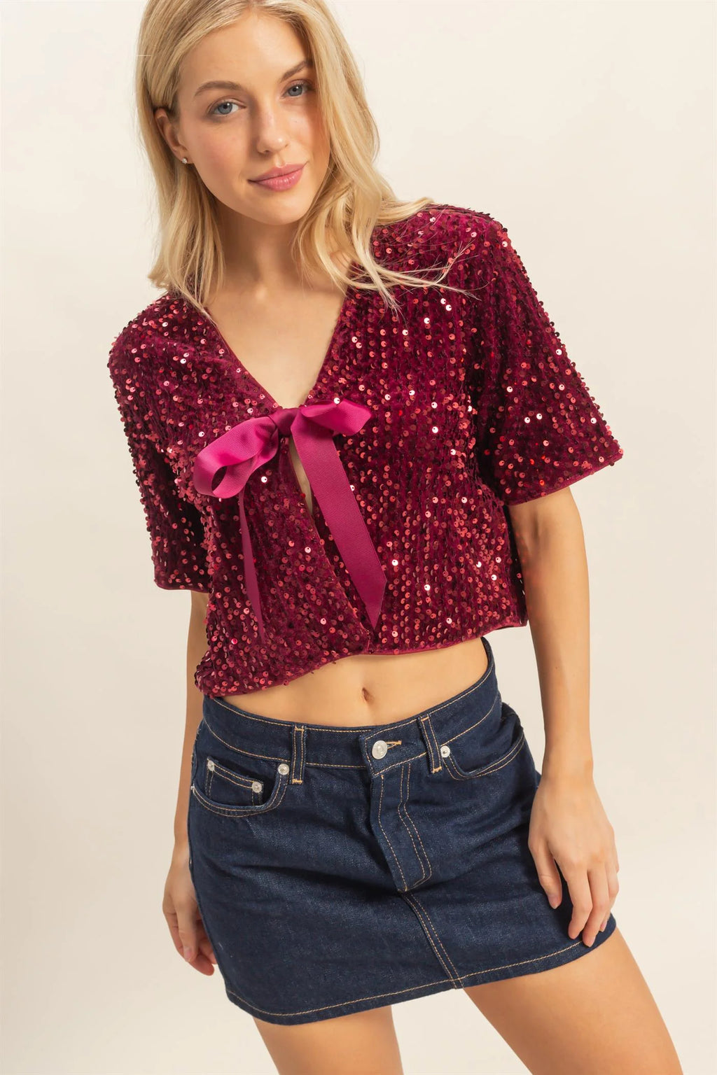Burgundy Tie Detail Sequin Crop Top