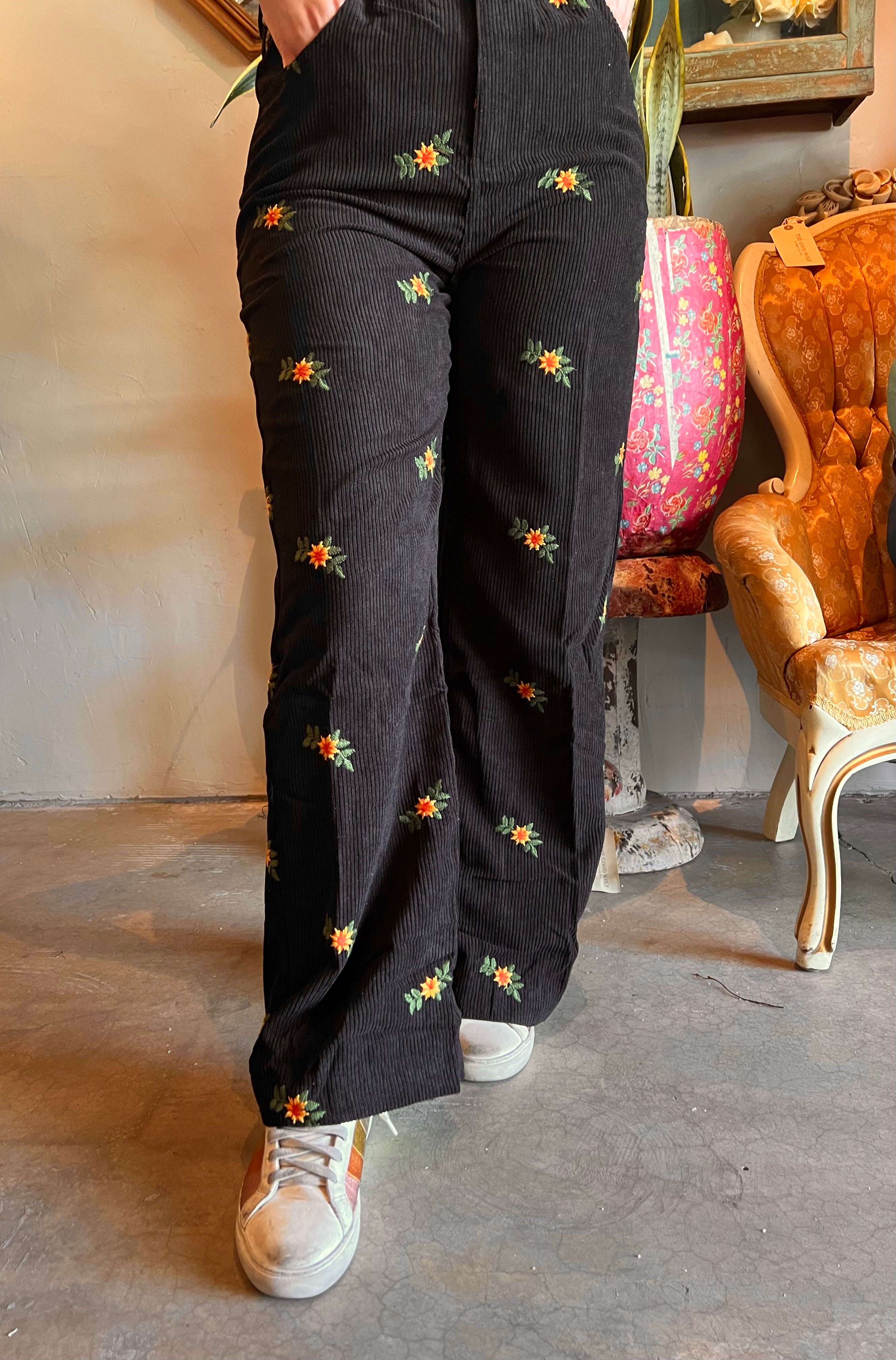 Black Corduroy Floral Embroidered Pant