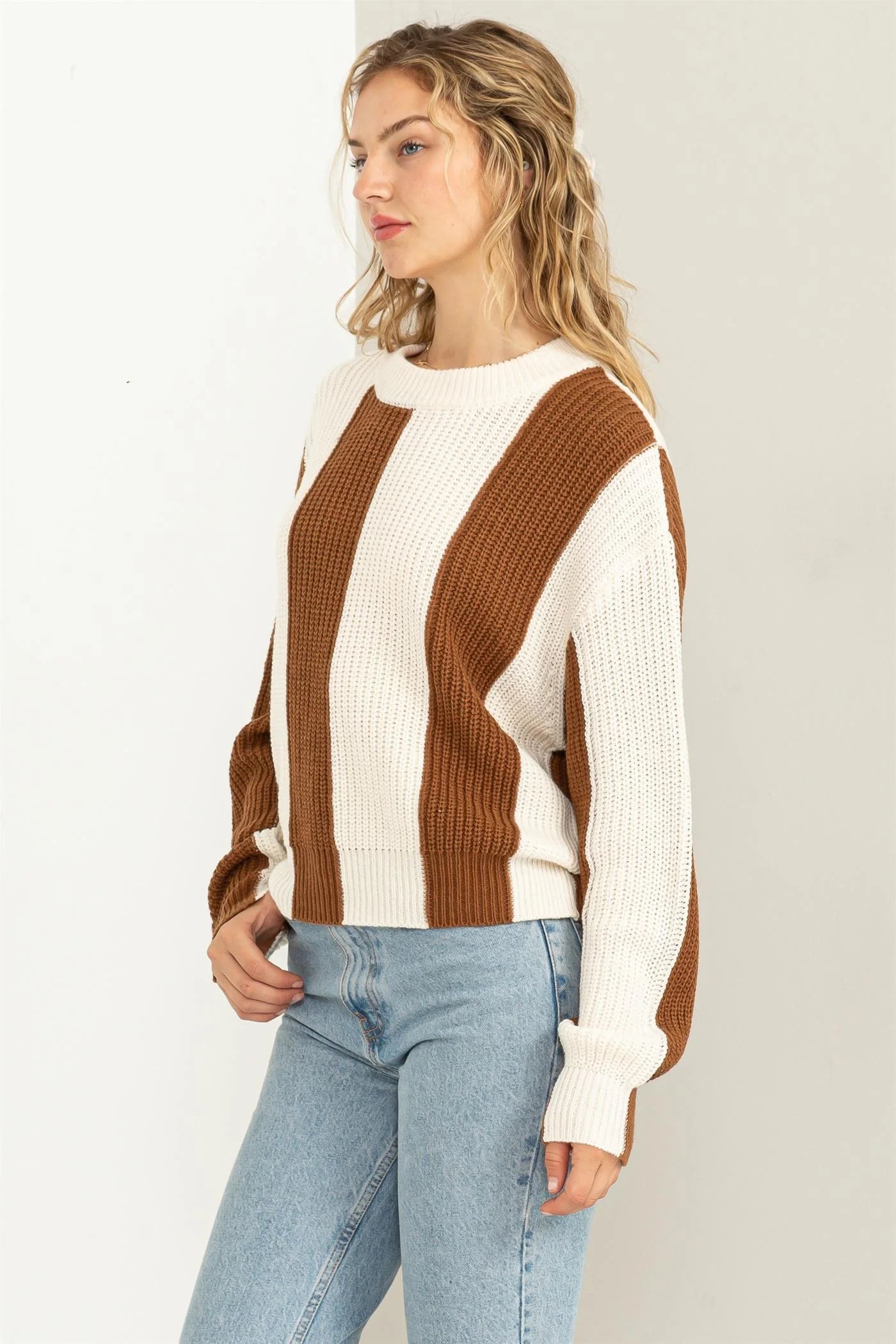 HYFVE Cream/Brown Vertical Striped Sweater