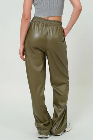 Leather High Waist Pants - Olive