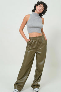 Leather High Waist Pants - Olive