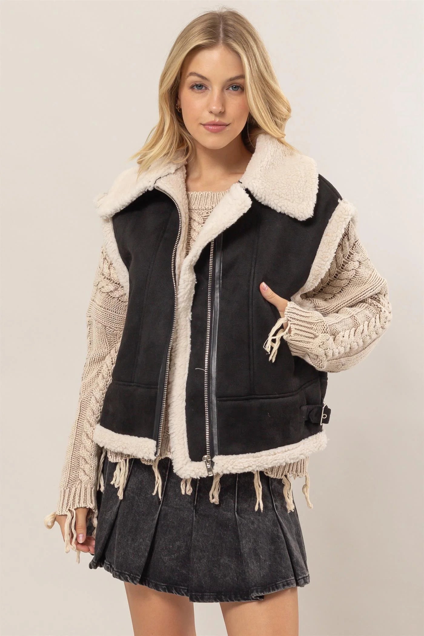 Fur Contrast Zipper Suede Vest