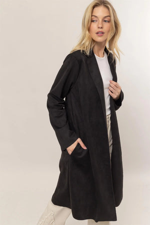 Open Front Seude Coat - Black