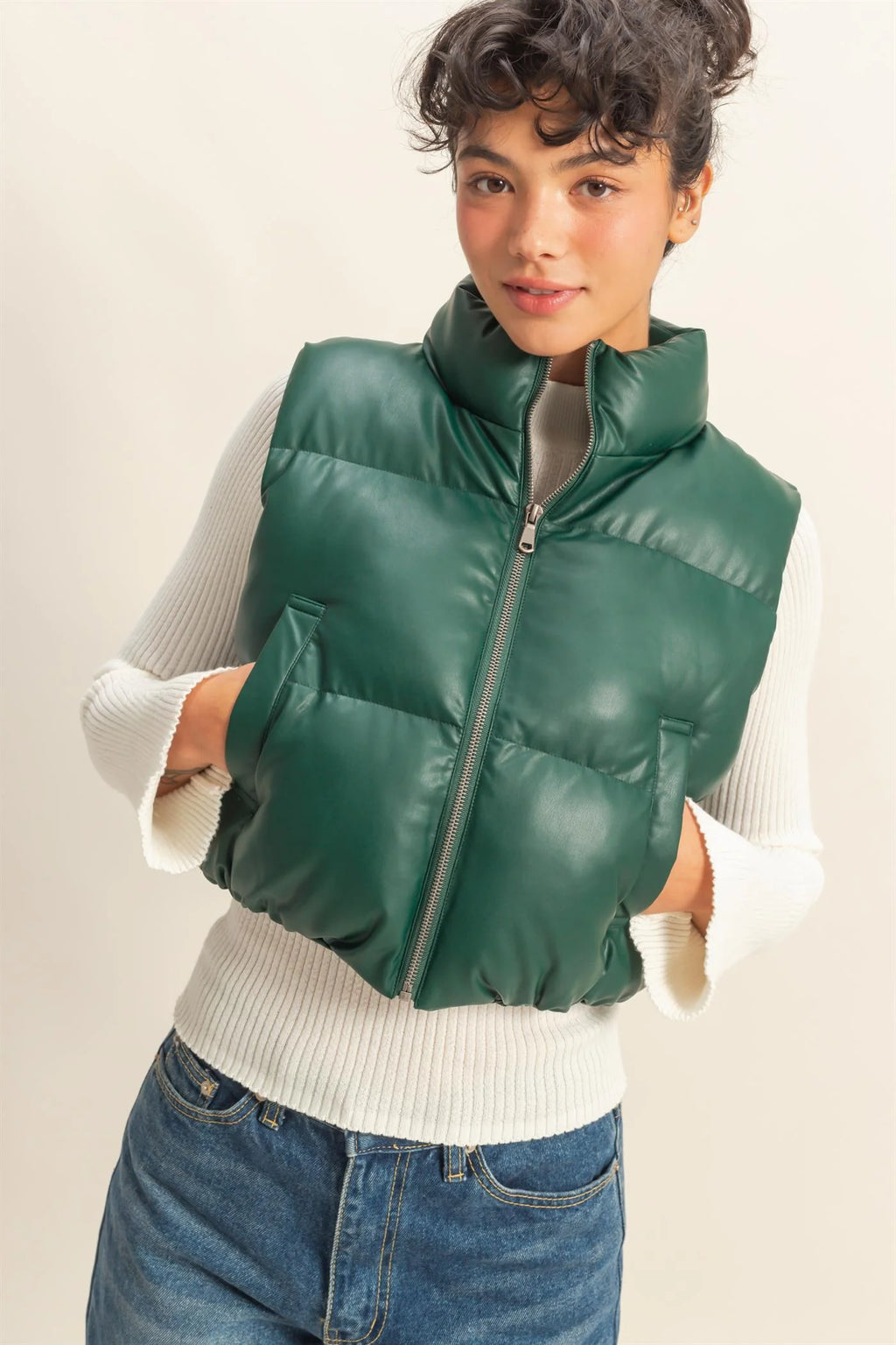 HYFVE Faux Leather Cropped Puffer Vest
