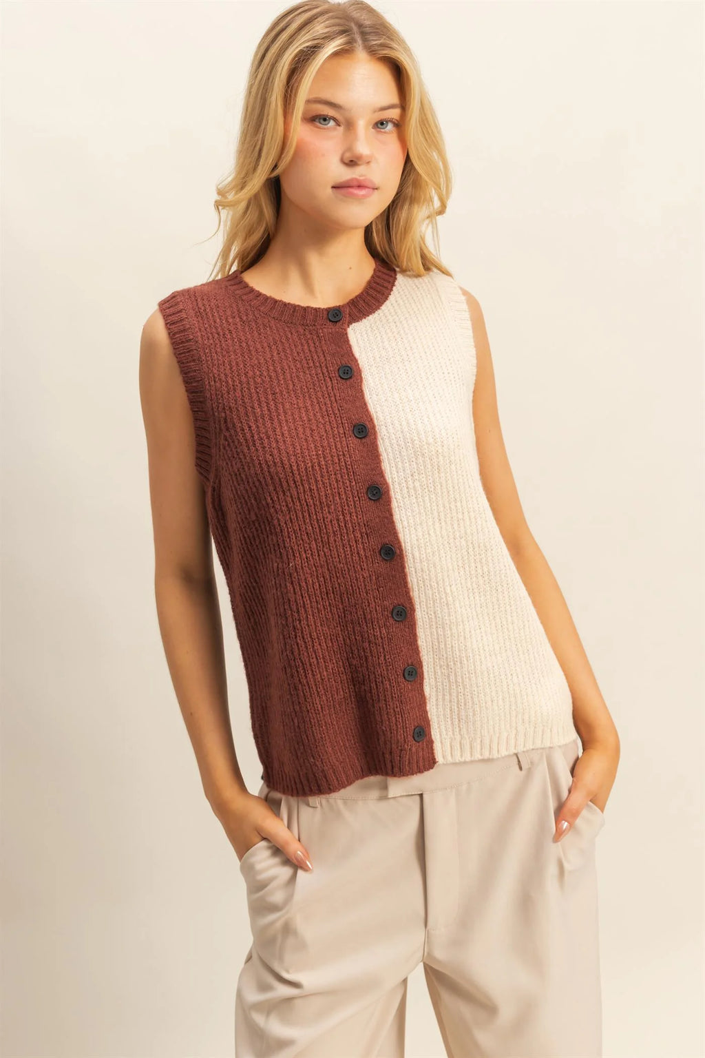 Color Block Button Down Sweater Vest