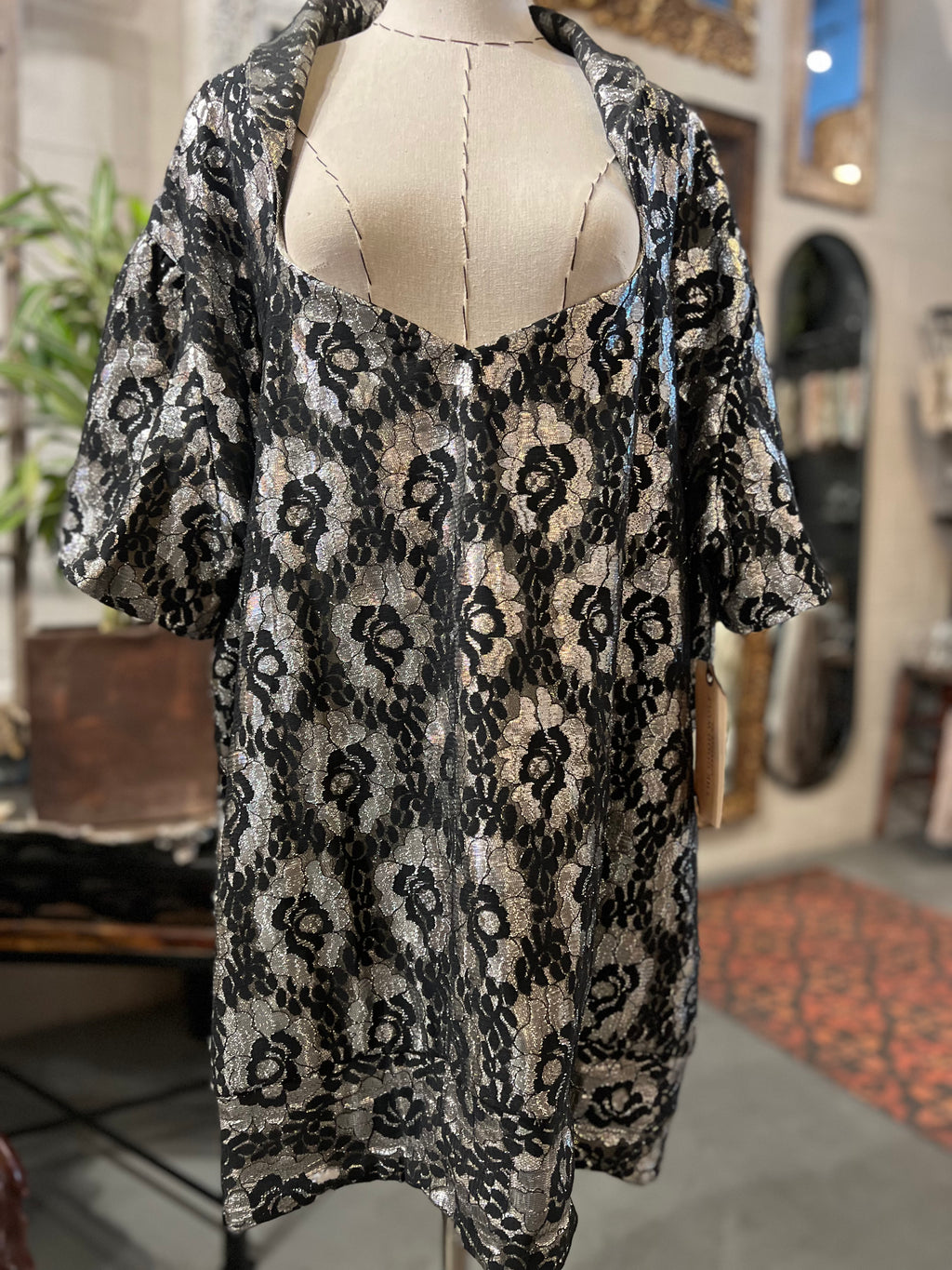 Vintage Black & Silver Metallic Brocade Dress