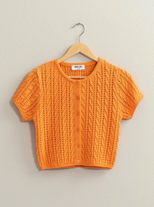 Cable Knit Short Sleeve Cardigan - Orange