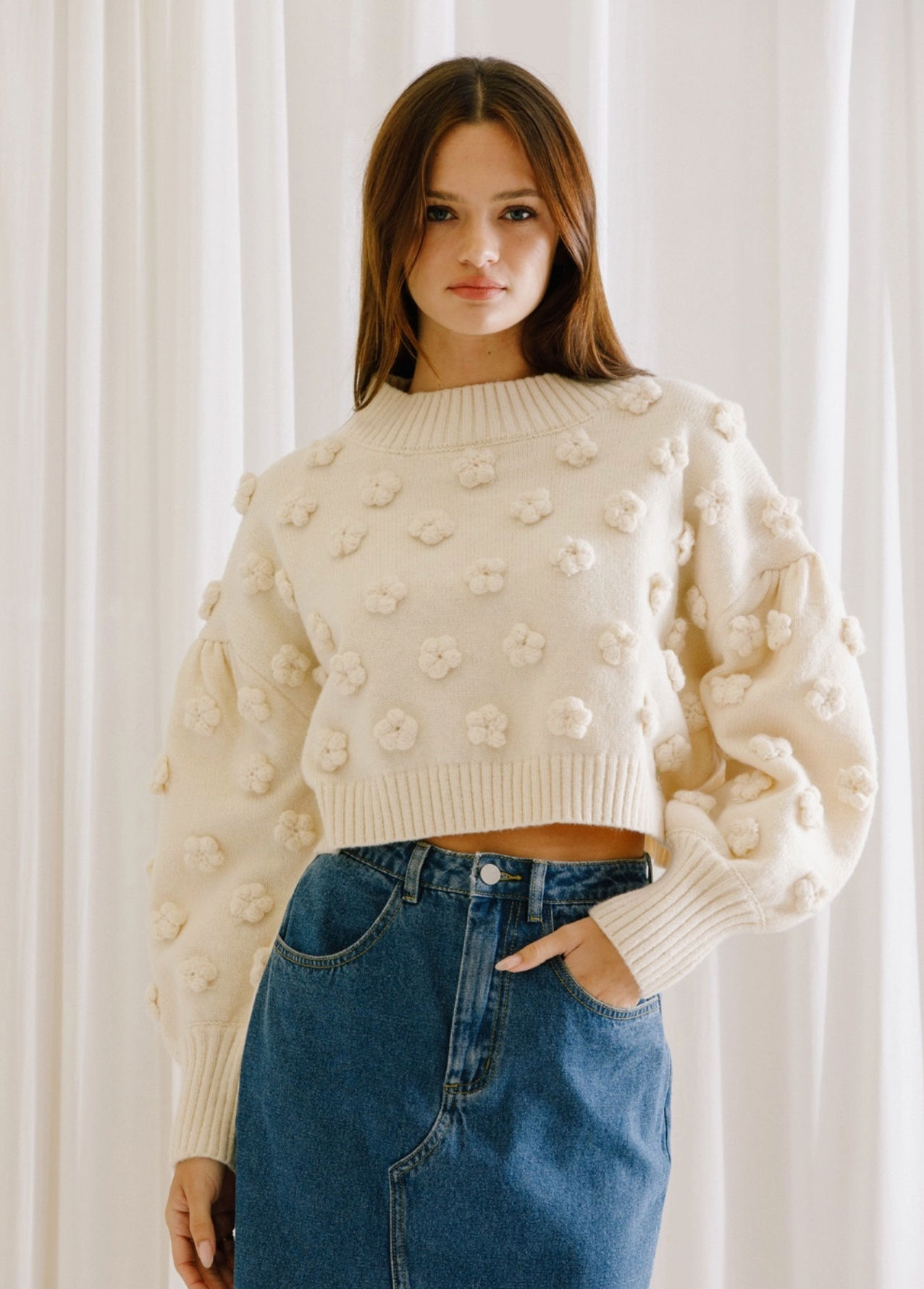 Storia Pom Pom Daisy Knit Cropped Sweater