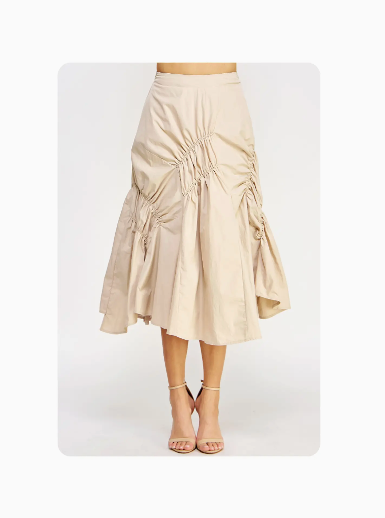 White Asymmetric Ruched Midi Skirt