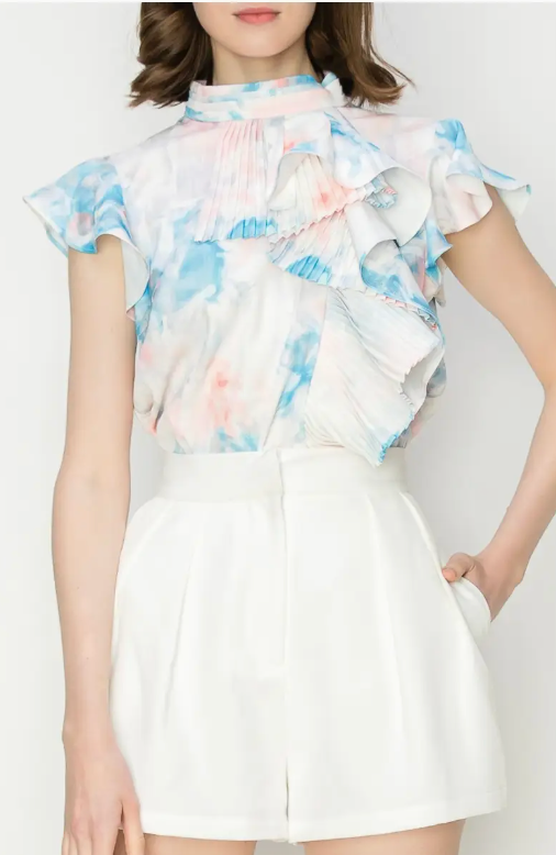 INA Abstract Print Mock Neck Ruffle