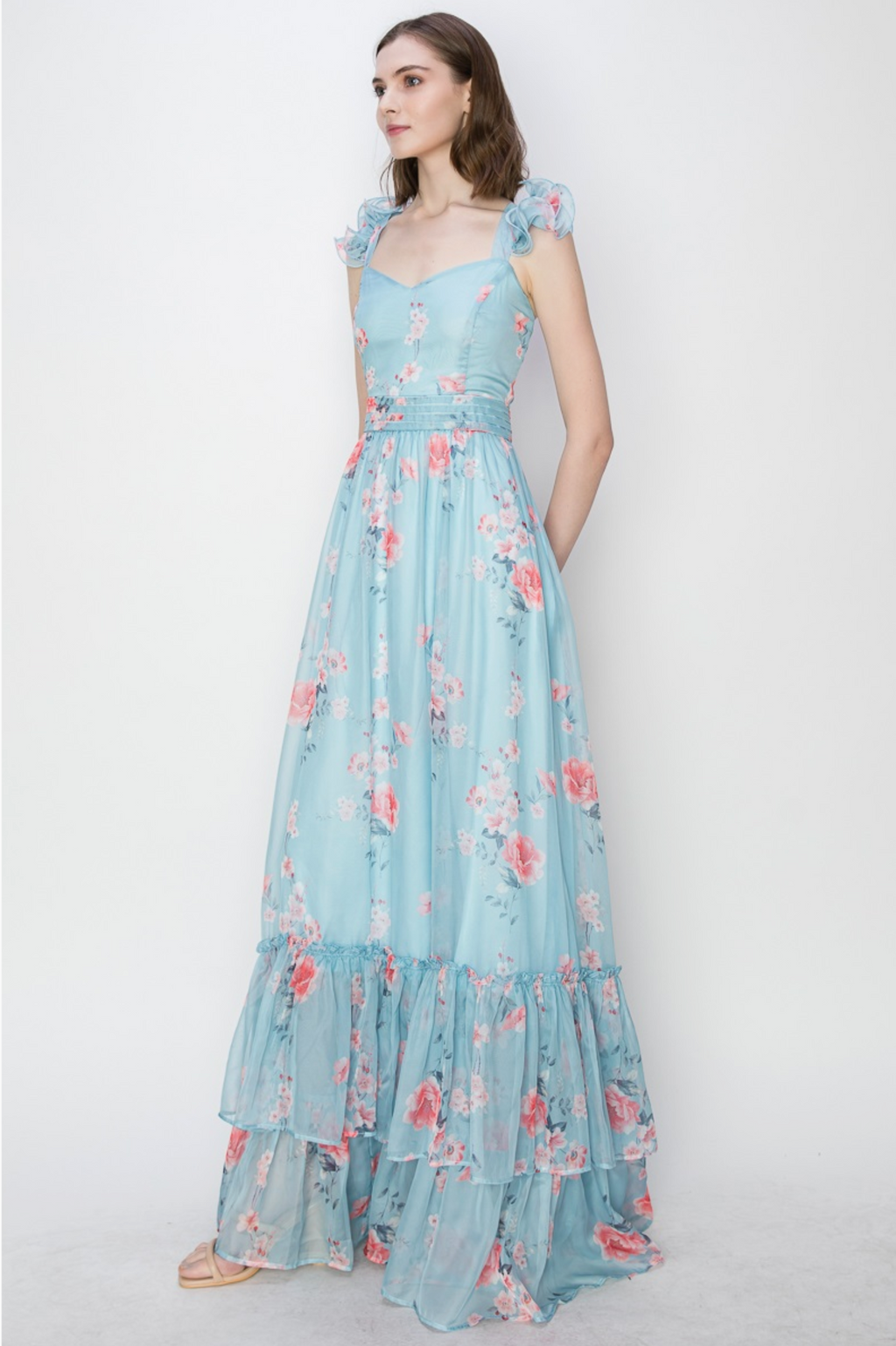 INA Ruffle Shoulder Floral Printed Maxi Dress