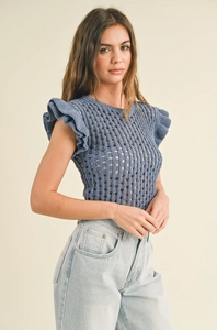 Miou Muse Cushion Knitted Ruffled Sleeve Top