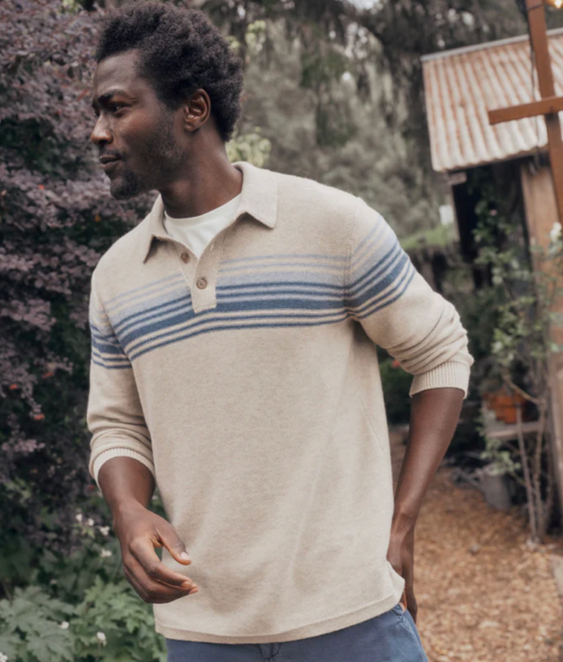 Marine Layer Elias Sweater Polo - Driftwood/Blue Stripe