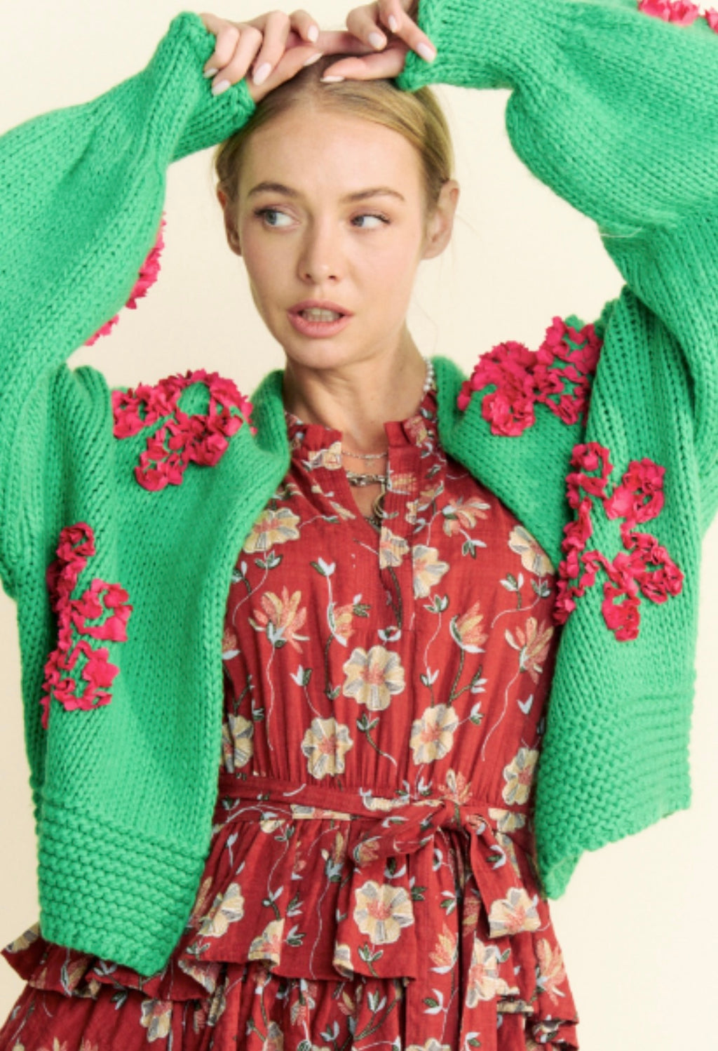 Green Floral Knitted Sweater