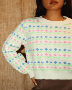 Cream Blue and Pink Dotted Sweater