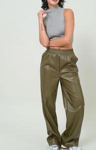 Olive Green Vegan High Rise Leather Pant