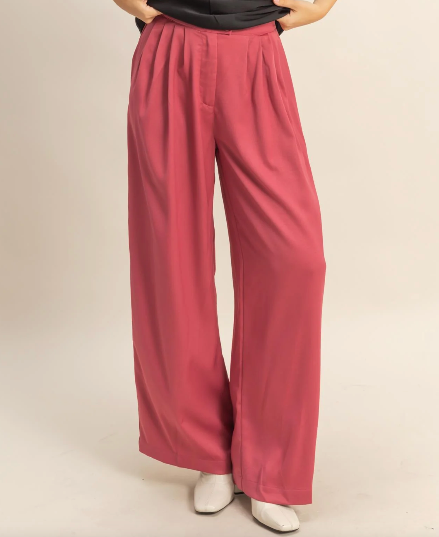 Wide Leg Palazzo Pleated Pants - Berry