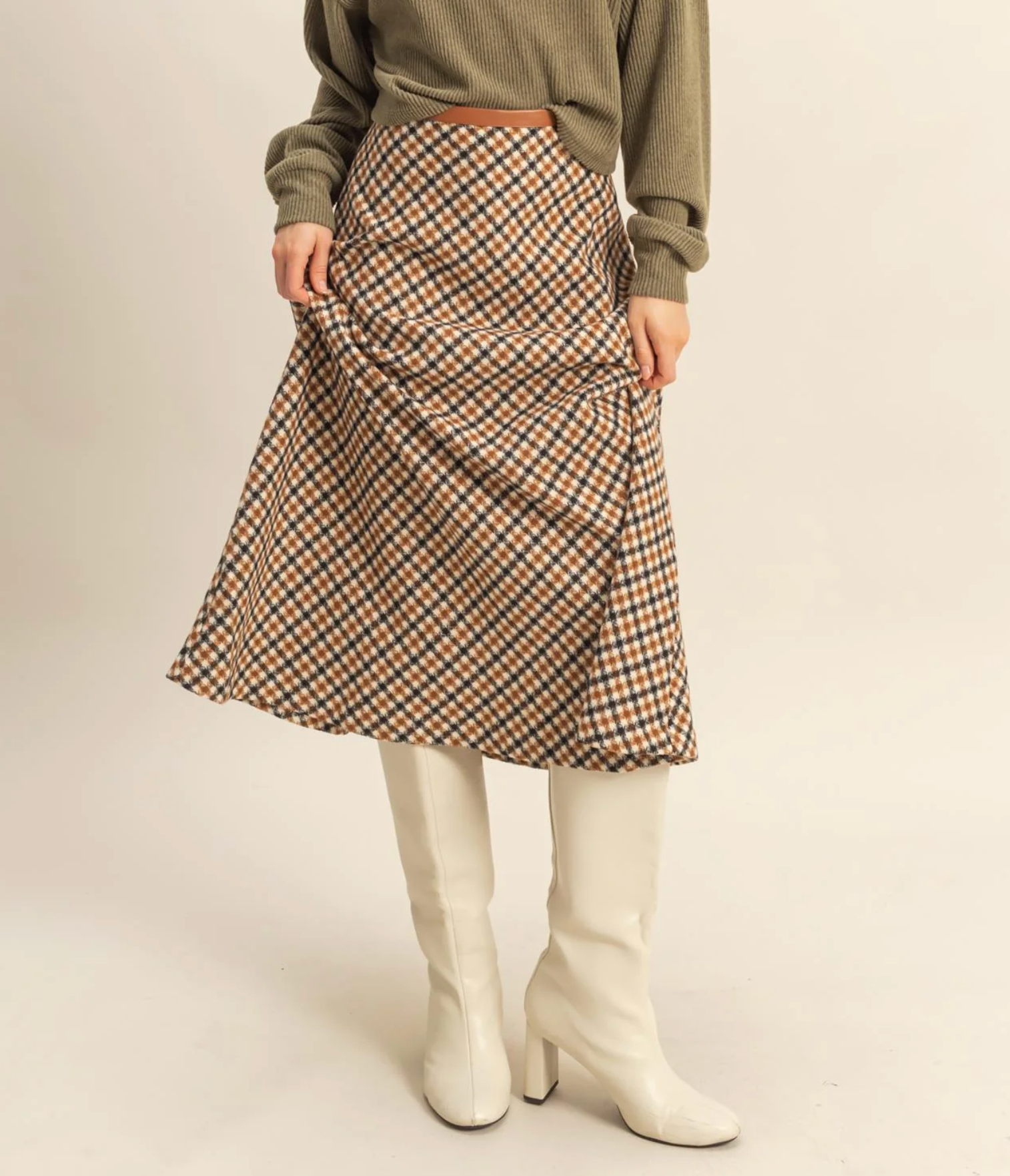 Houndstooth Wool Like MIdi Skirt