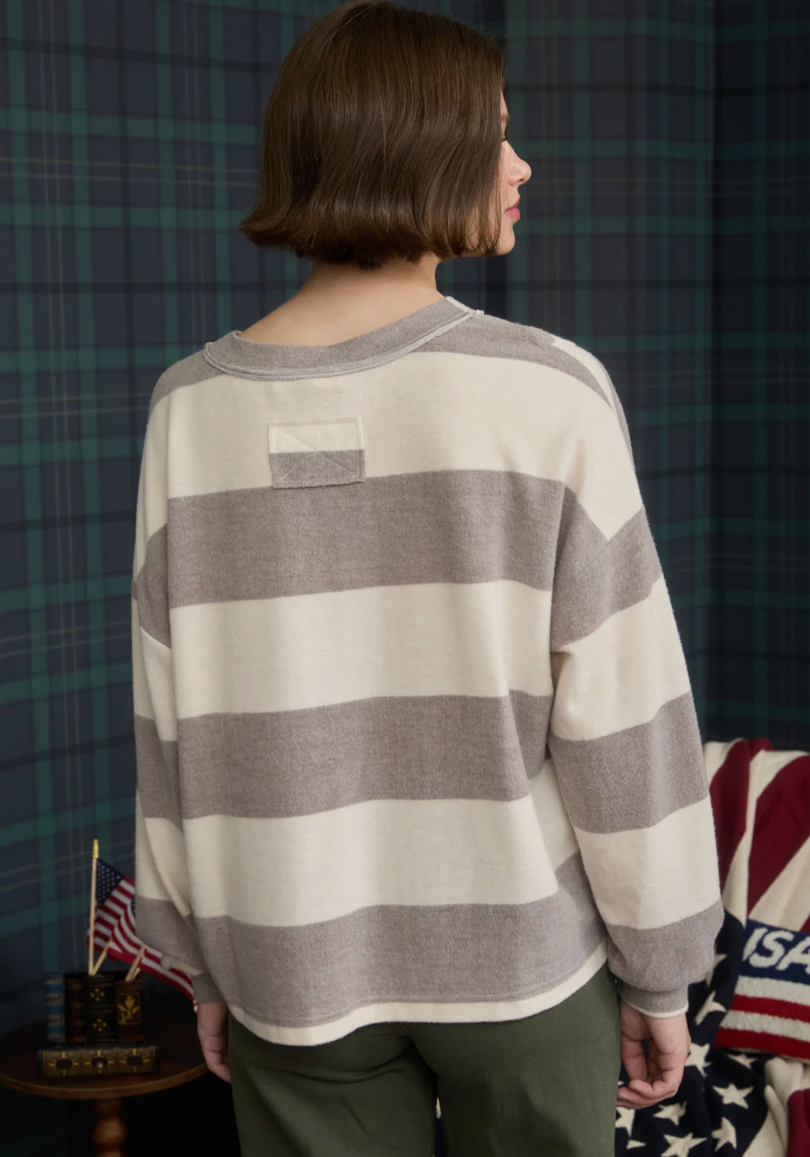 Washed Striped Long Sleeve Top  - Taupe