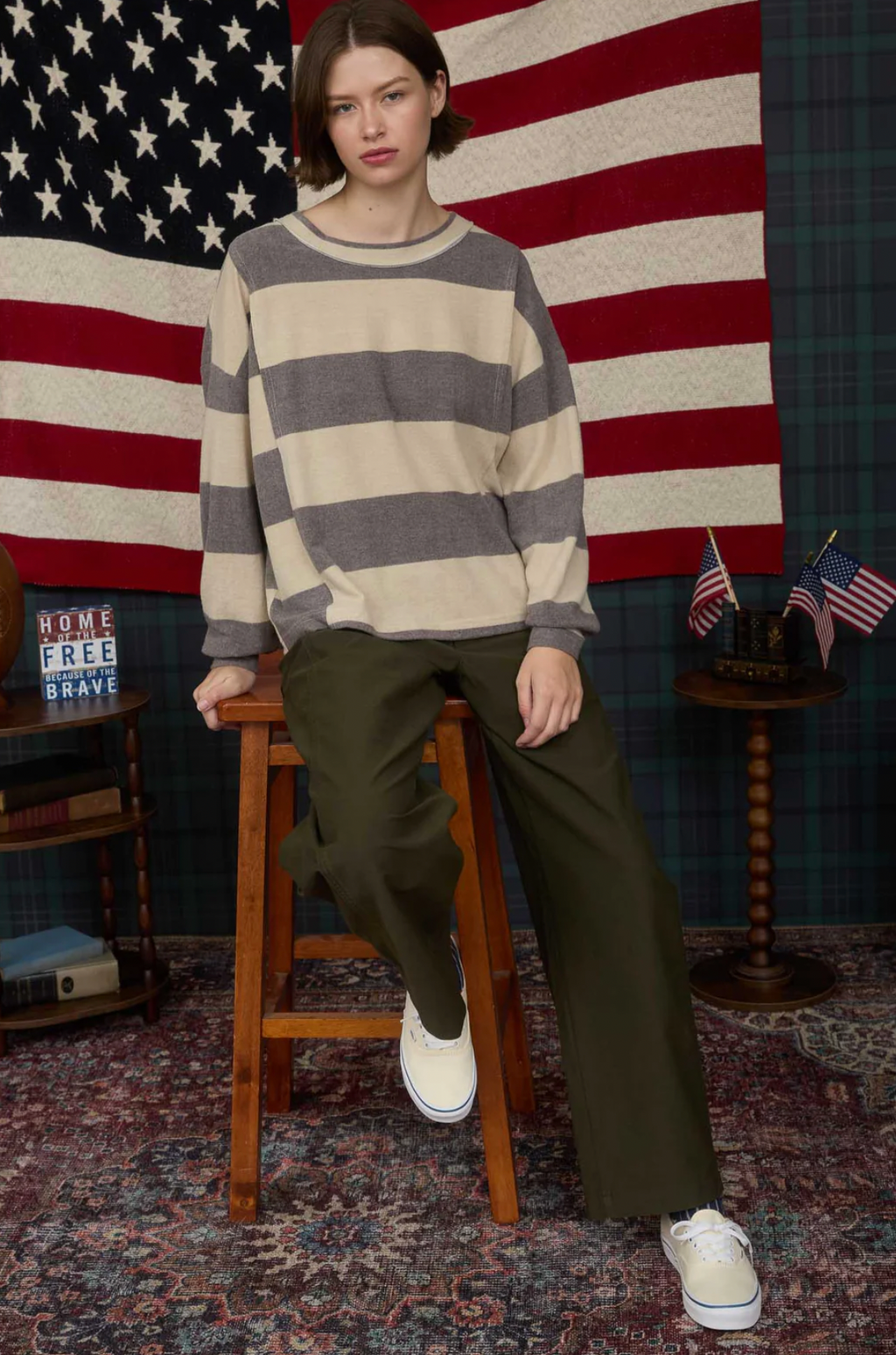 Washed Striped Long Sleeve Top  - Taupe