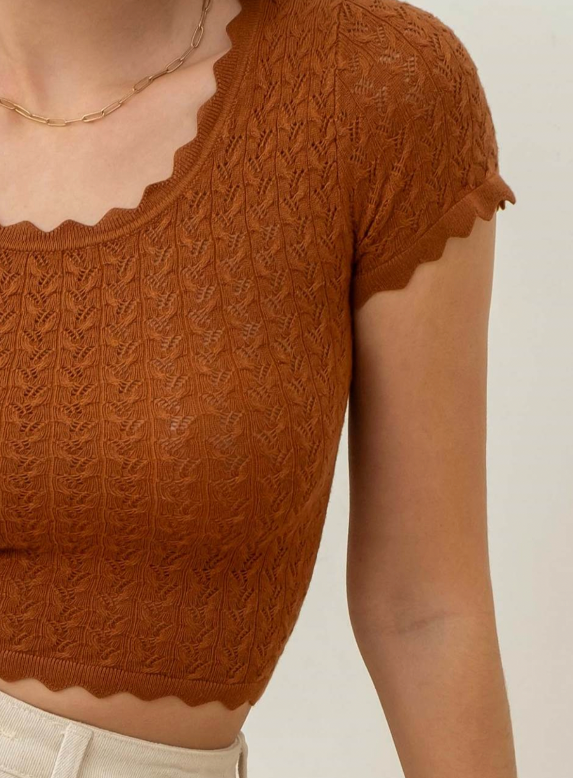 Eyelet Scallop Sweater Knit Crop - Brown
