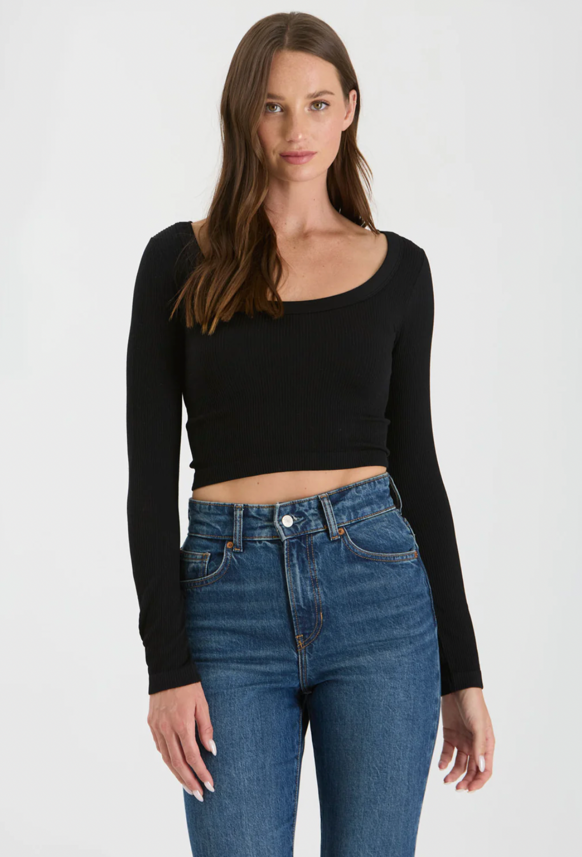 Scoop Neck Long Sleeve Sweater Knit Crop Top - Black