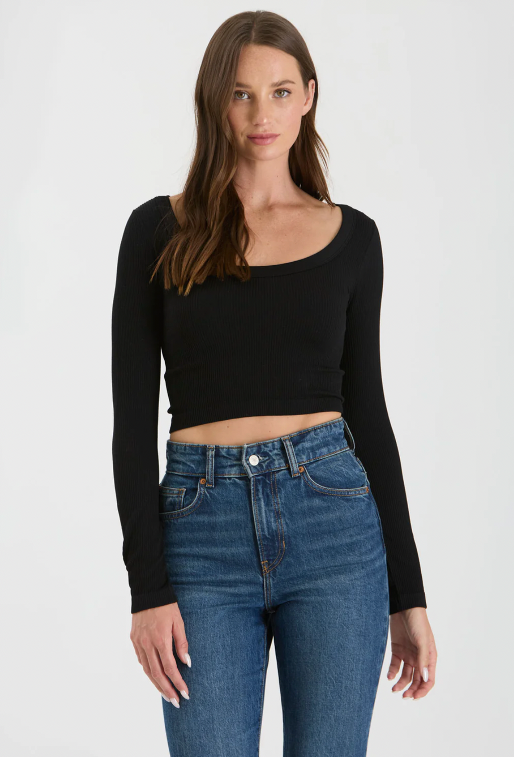 Scoop Neck Long Sleeve Sweater Knit Crop Top - Black