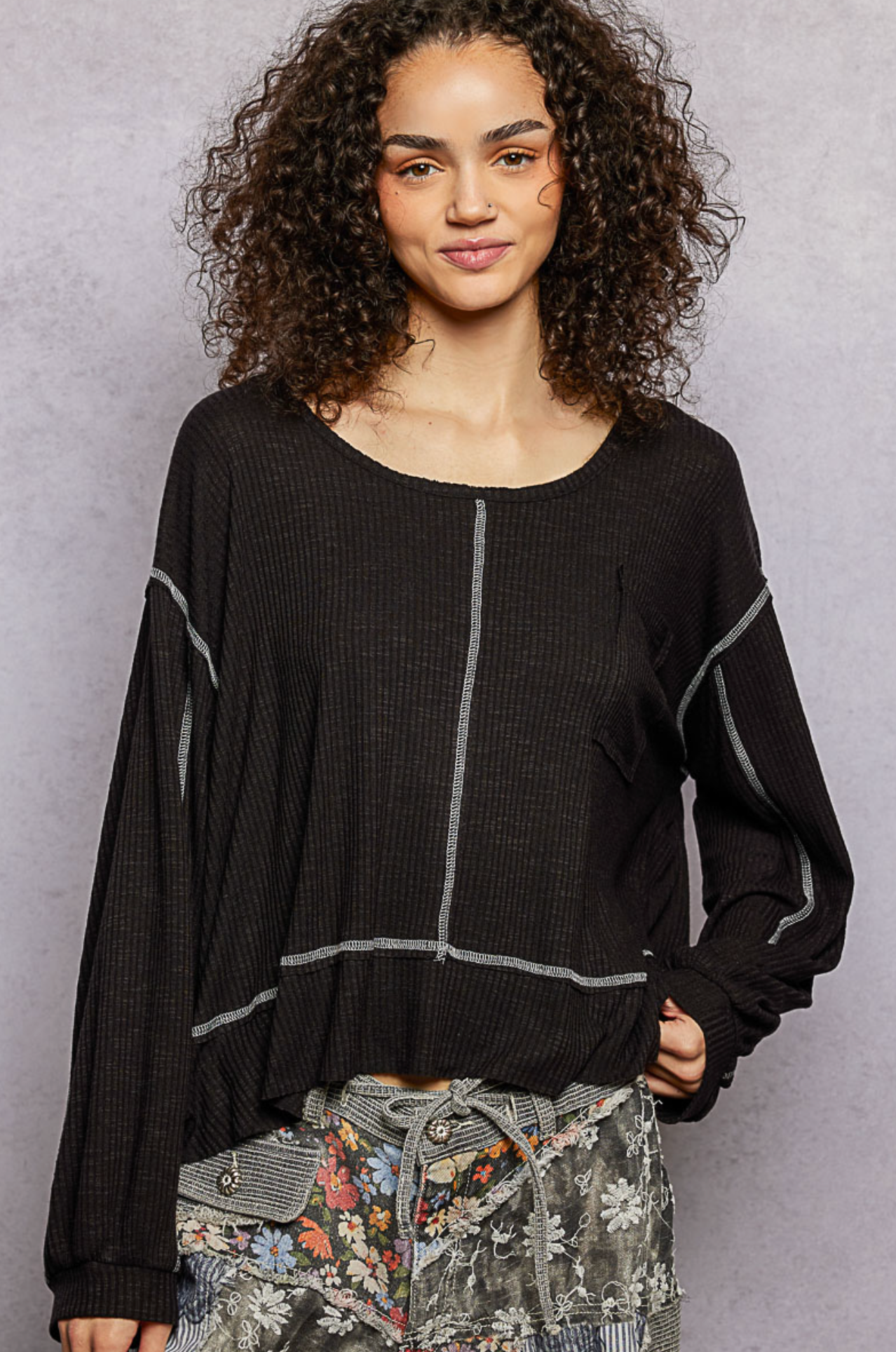 POL Oversized Black L/S Knit w/ White Contrast Stitch