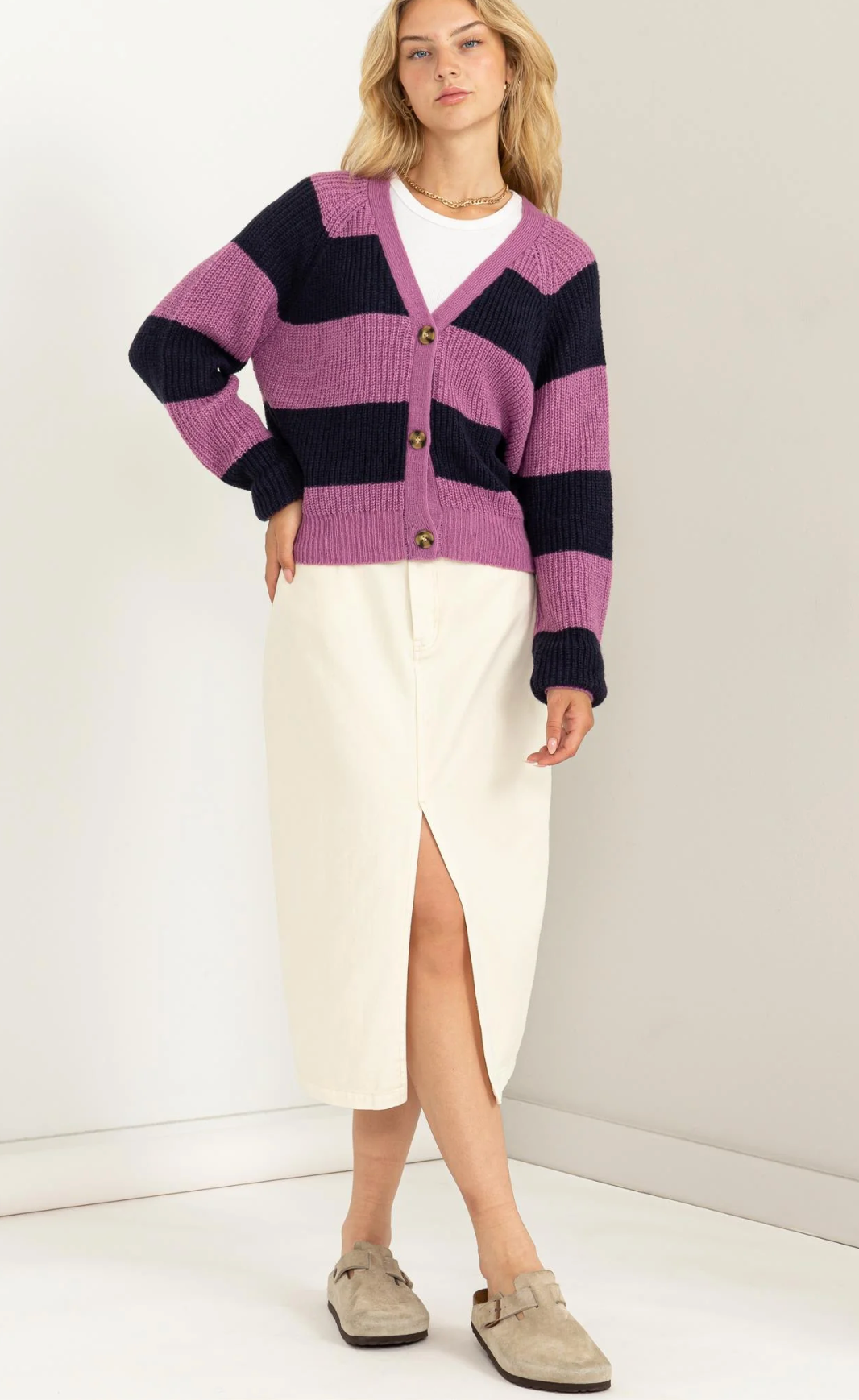 Purple/Navy Striped Cropped Cardigan