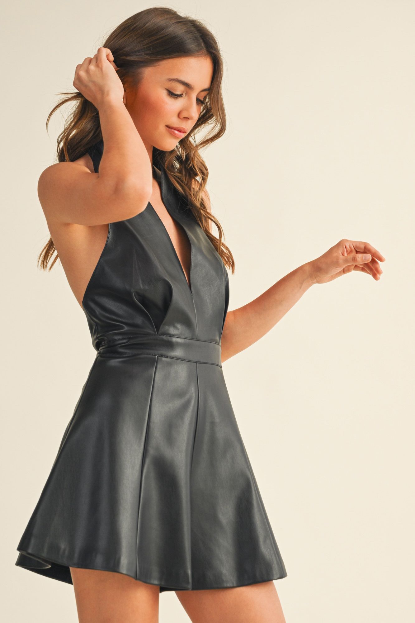Deep V Halter Neck Leather Romper