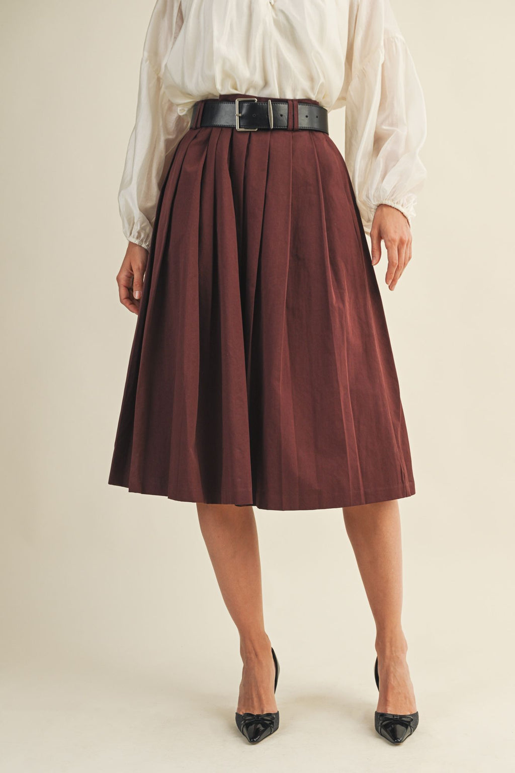 Belted & Pleated Skirt in Cherry Lacquer
