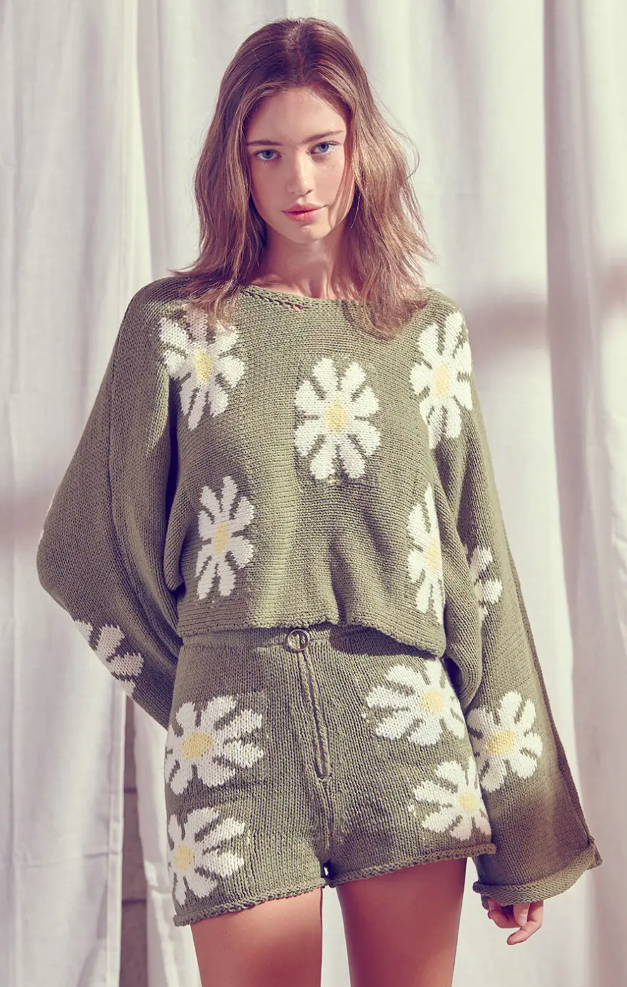 Green Floral Cropped Sweater