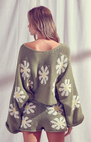 Green Floral Cropped Sweater