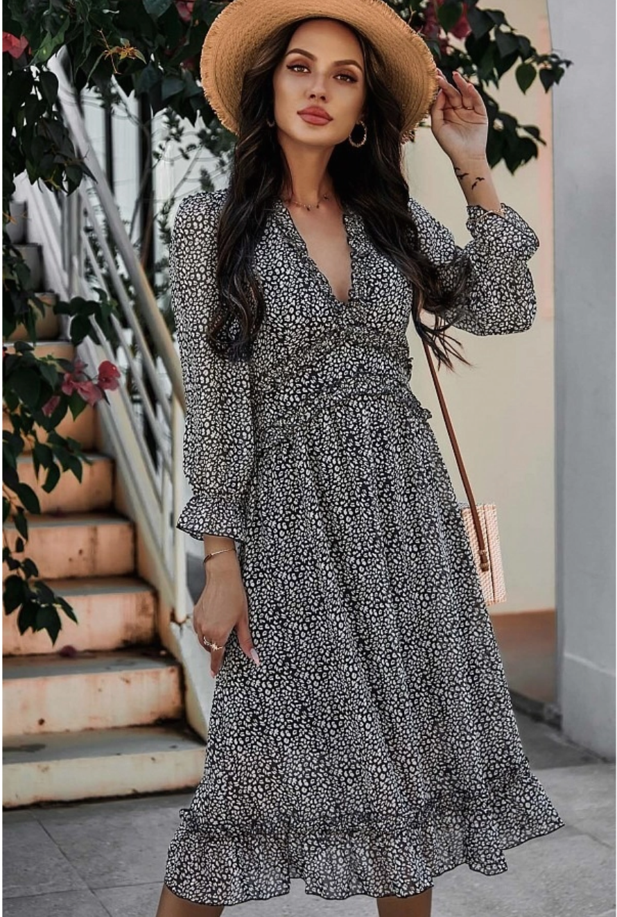 Floral Print Ruffled Long Sleeve Midi Dress