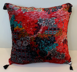 Ikat Patch Silk Velvet Tassel Pillow