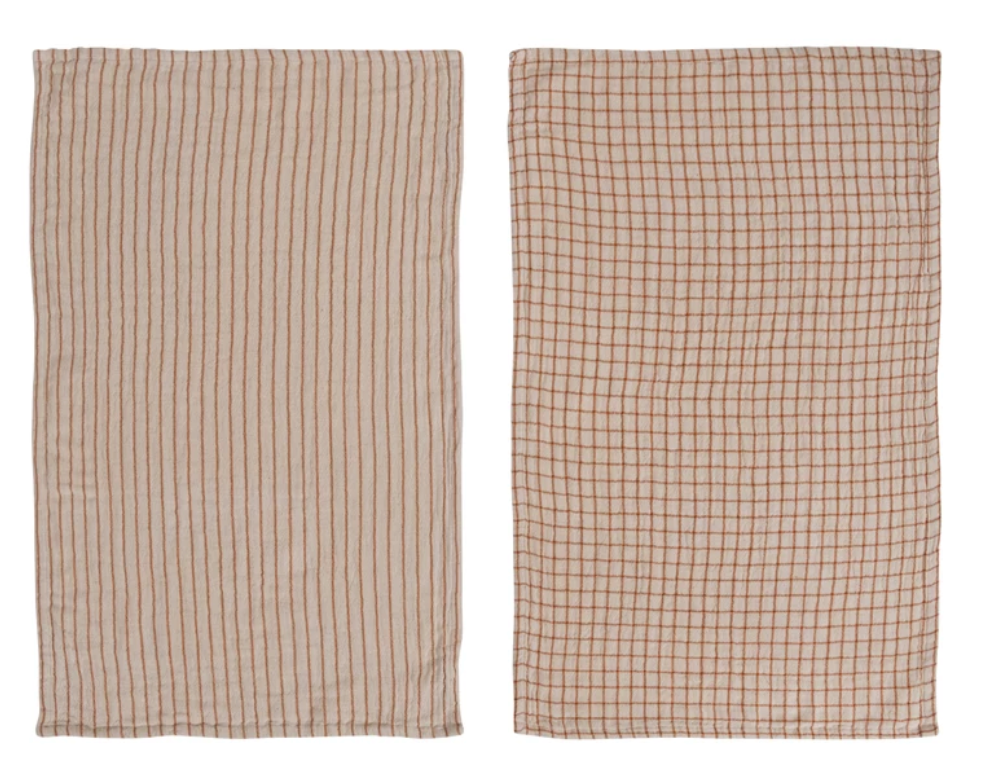Cotton Slub Printed Tea Towel-Natural & Rust
