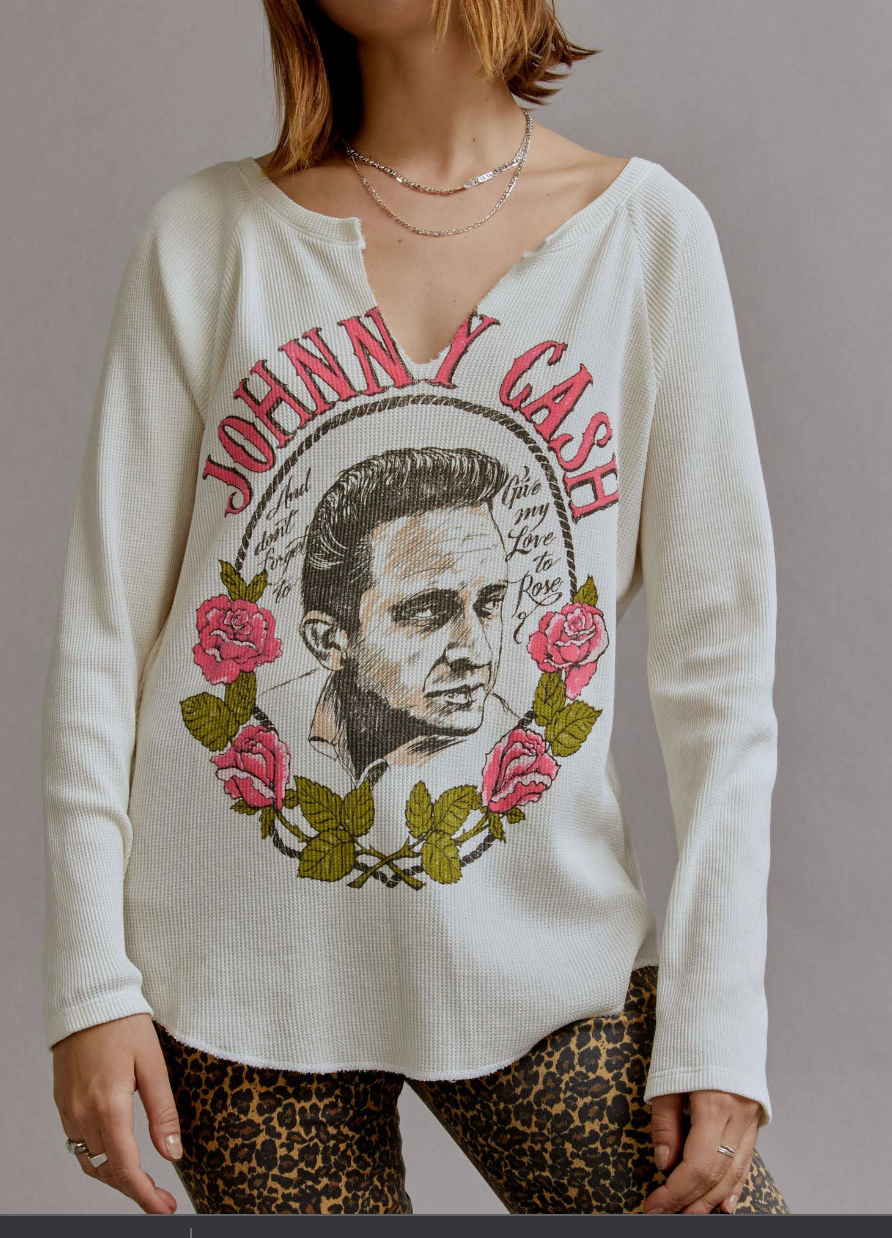 Johnny Cash Roses Notch  Neck Thermal