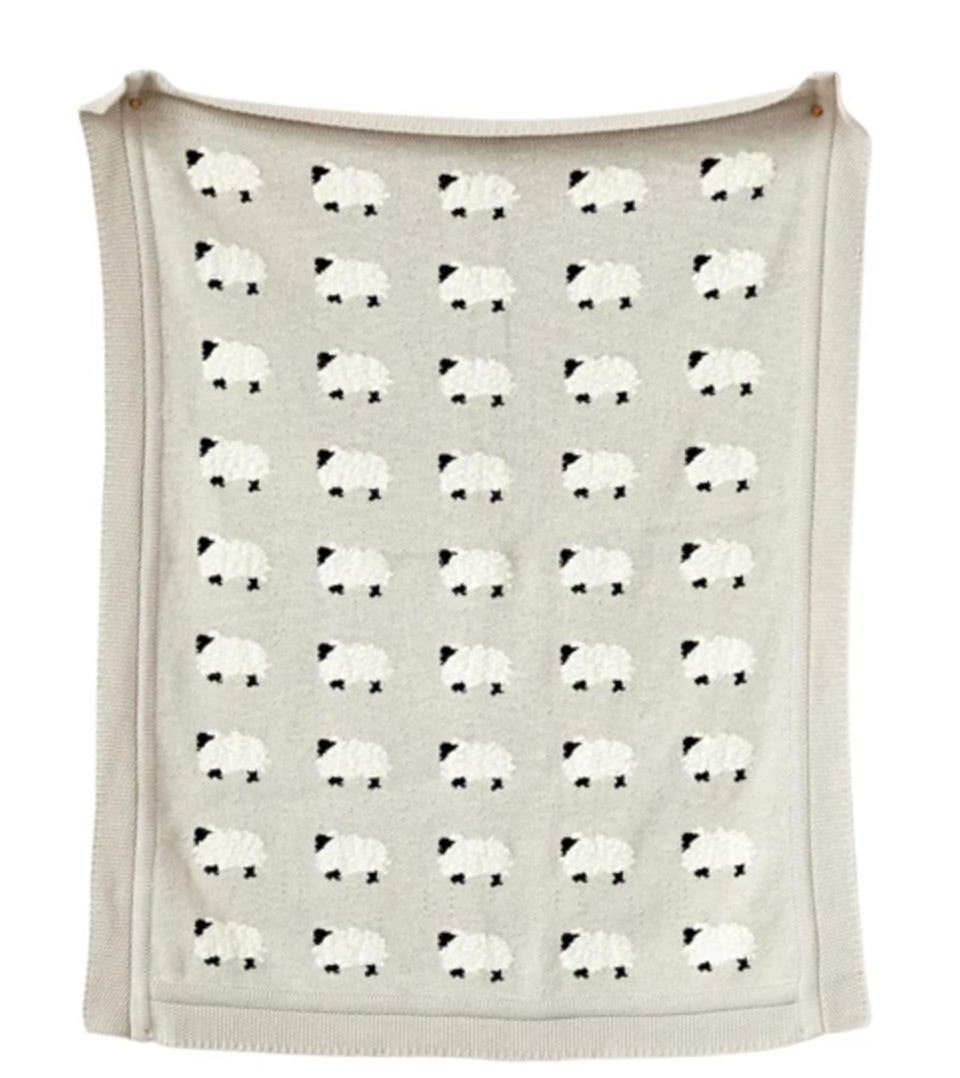 Cotton Knit Blanket w/ Sheep, Grey