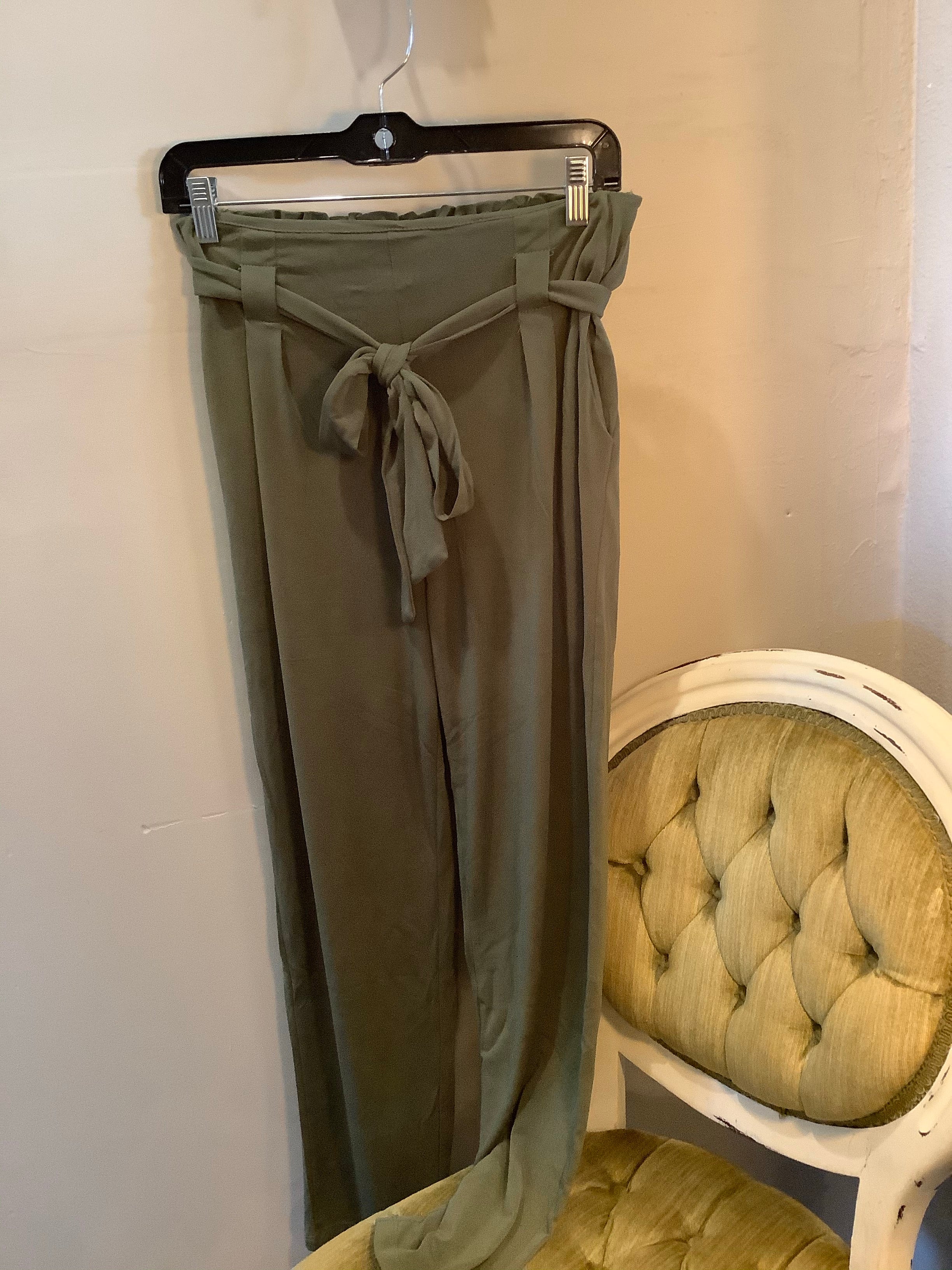 Stretch Wide Leg Poly with belt - Olive