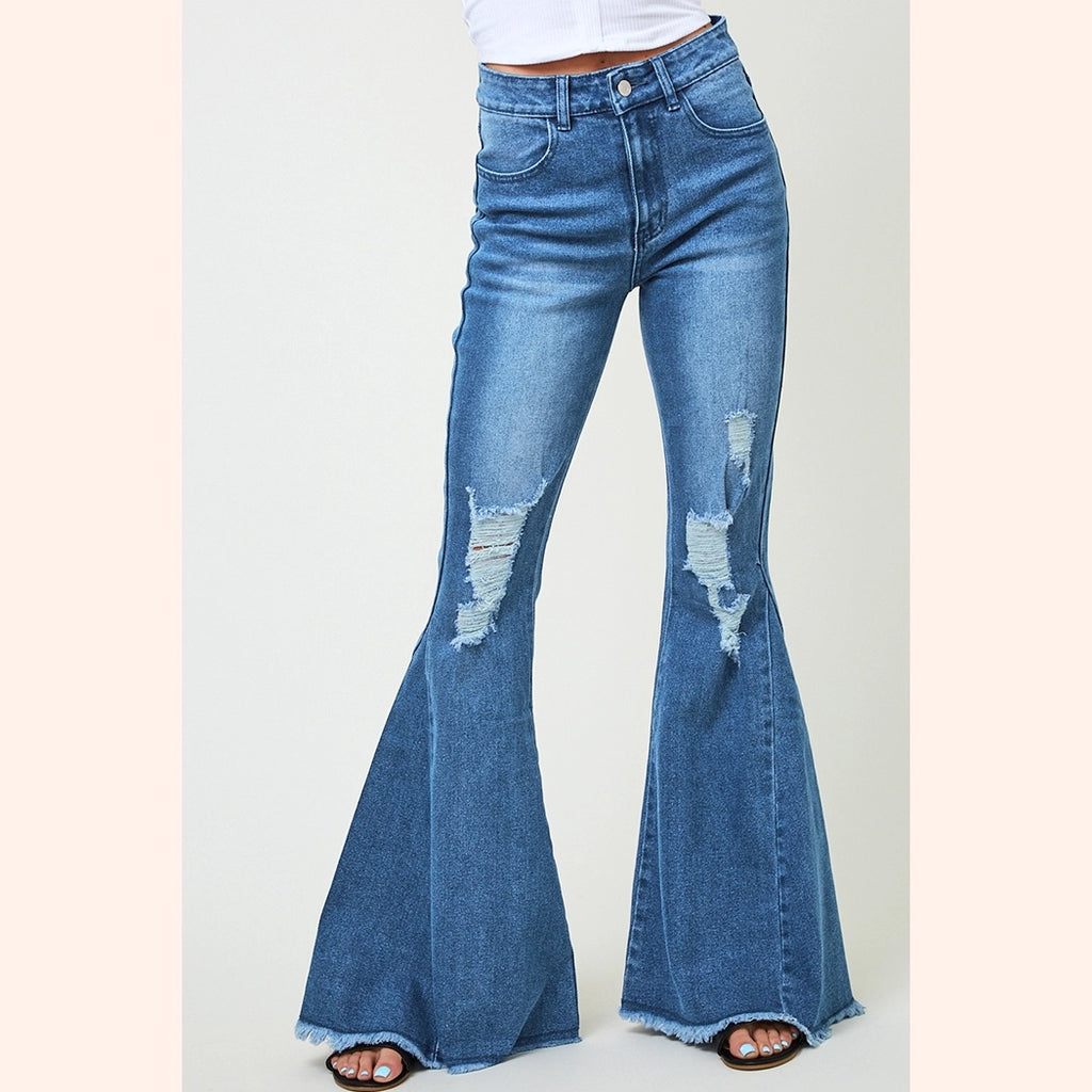 Denim Blue Distressed Flares