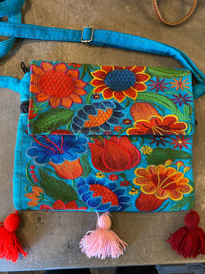Floral Cross Body Purse with Poms
